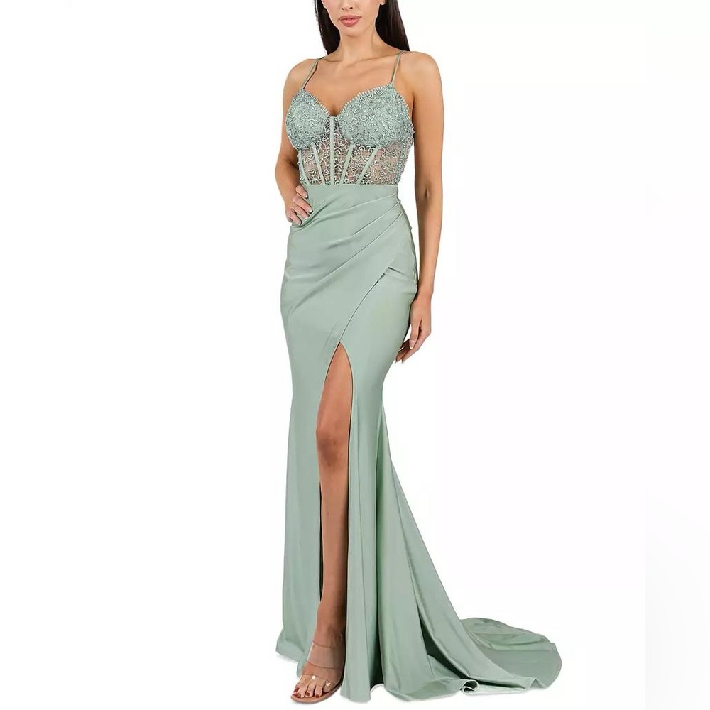 B Darlin Mint Green Prom Dress with Lace Bodice